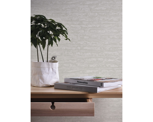 Papier peint décoratif avec motif de briques dans un intérieur avec plante et livres.