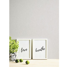Dekorative Szene mit zwei gerahmten Postern, die ''Liebe'' und ''Atmen'' zeigen, einer Pflanze und Limetten