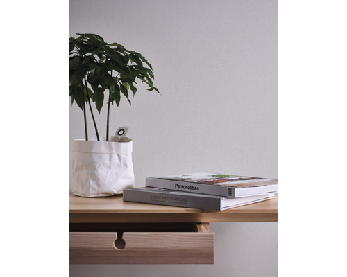 Dekoratives Zimmer mit Pflanze, Büchern und Holzschreibtisch