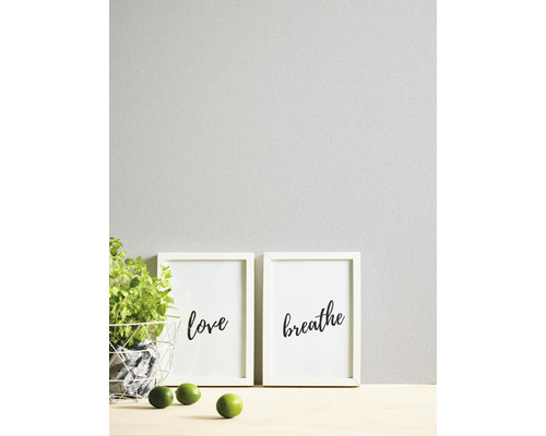 Dekorative Szene mit Topfpflanze, zwei gerahmten Kunstdrucken mit den Worten Liebe und Atmen sowie Limetten.
