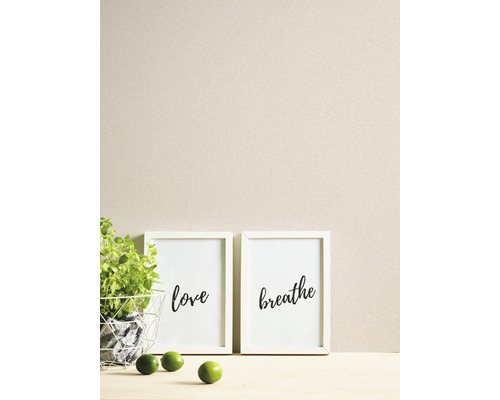 Dekorative Szene mit zwei gerahmten Drucken mit den Aufschriften Liebe und Atmen, einer Topfpflanze und Limetten