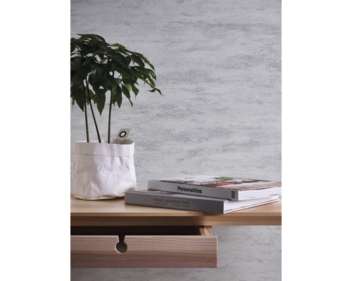Dekorative Wand mit Pflanze, Büchern und Tisch mit Schublade