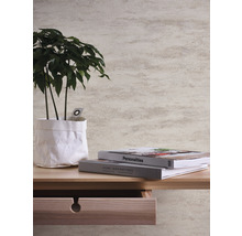 Nahaufnahme einer Wand mit Tapete, einem Holztisch mit Pflanze und Büchern