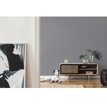 Wohnzimmer mit grauer Wand, Kommode und Hund