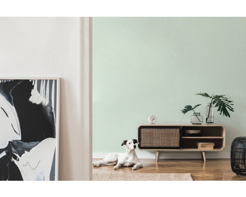 Wohnzimmer mit Sideboard, Dekoration, Zimmerpflanzen und einem Hund auf einem Teppich