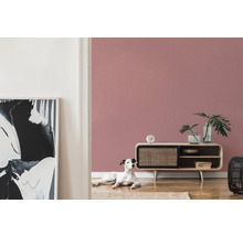Wohnzimmer mit rosa Wandfarbe, Anrichte und Hund