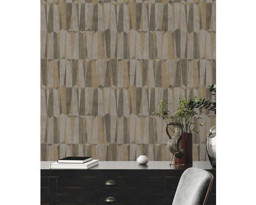 Tapete mit geometrischem Muster in Holzoptik für Innenräume