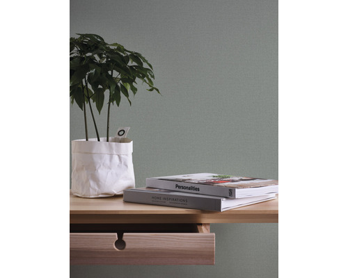 Dekoratives Arrangement mit Pflanze, Büchern und Holzmöbeln vor einer einfarbigen Wand.