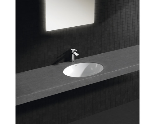 Salle de bains avec vasque à poser, robinet et miroir