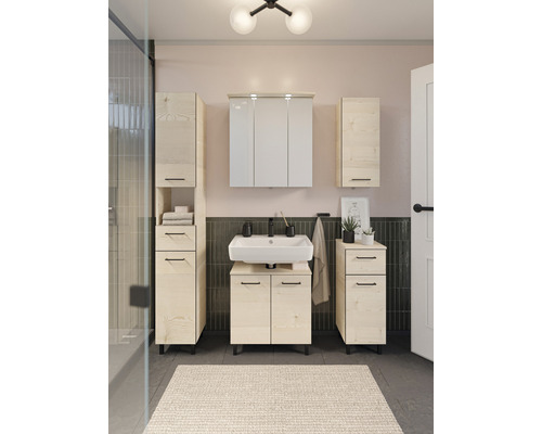 Salle de bains avec meuble-lavabo, armoire de toilette, armoire haute et armoire latérale en décor bois clair