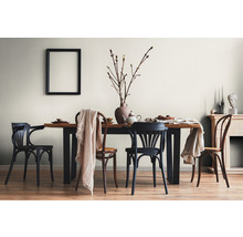 Helles Esszimmer mit Holztisch, Stühlen und dekorativen Elementen für ein gemütliches Ambiente.