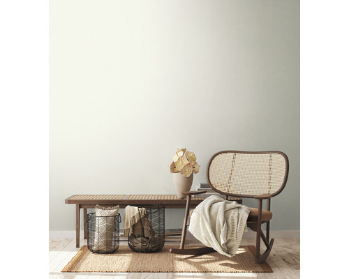 Salon avec fauteuil en rotin, banc en bois, plantes et décoration sur un tapis