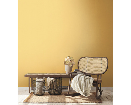 Wohnzimmer mit Holzbank, Korbschaukelstuhl und Dekoration