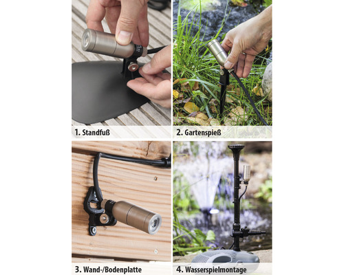 Vier Montagemöglichkeiten für eine Gartenleuchte: Standfuß, Erdspieß, Wandbefestigung und Wasserspielmontage