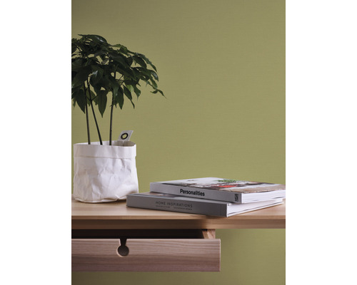 Dekoratives Stillleben mit Zimmerpflanze, Büchern und einem Tisch mit Schublade