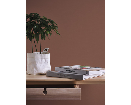 Dekoratives Arrangement mit Pflanze im Papierbeutel, Büchern und offenem Schubladentisch