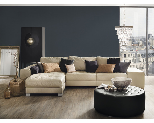 Salon avec canapé, ottoman, armoire et décoration