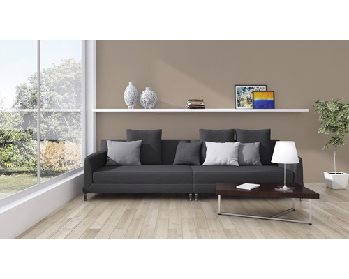 Wohnzimmer mit Sofa, Couchtisch, Regal und Zimmerpflanze