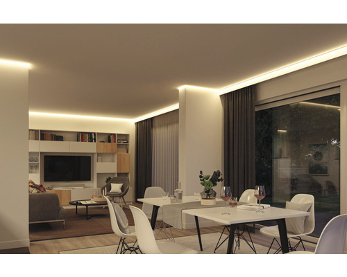 Wohnzimmer mit LED-Deckenbeleuchtung, Esstisch und Bücherregal