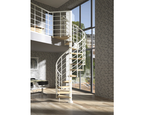 Escalier en colimaçon Pertura Koralia chêne bois lamellé-collé Ø 120 cm blanc 11 marches 12 pas de marche