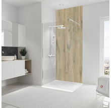 Badezimmer mit Duschkabine, Duschkopf, Waschbecken und Schrank