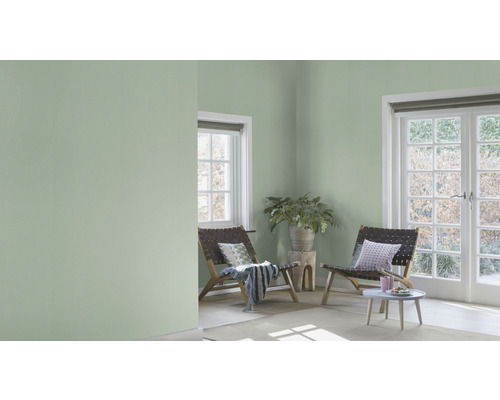 Heller, freundlicher Raum mit grüner Wandfarbe, Sesseln und Tageslicht