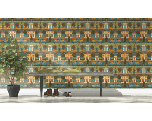 Papier peint décoratif avec maisons, arbres et animaux