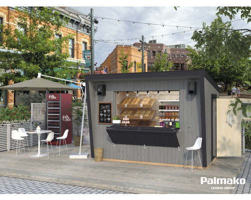 Stand de vente en bois avec étagères à pain, réfrigérateur à boissons et sièges extérieurs