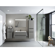 Badmöbel-Set NOBILIA Programm 1 BxHxT 210 x 169,1 x 48,7 cm Frontfarbe grau hochglanz mit Möbel-Waschtisch weiß und Spiegel mit LED-Beleuchtung Midischrank Unterschrank Griffleiste schwarz 109