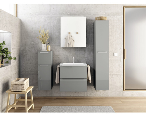 Salle de bain moderne avec meubles sous-lavabo gris, armoire de toilette et armoire haute devant un mur en béton.