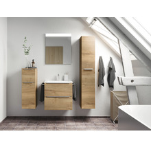 Badmöbel-Set NOBILIA Programm 1 BxHxT 61 x 169,1 x 48,7 cm Frontfarbe eiche natur mit Möbel-Waschtisch weiß und Spiegel mit LED-Beleuchtung Griffleiste chrom matt 015