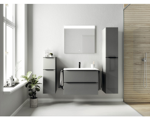 Badezimmer mit Waschtisch, Spiegelschrank und Hochschrank in glänzendem Grau