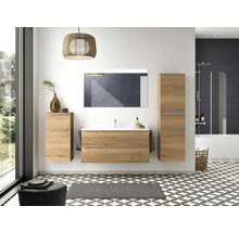 Badmöbel-Set NOBILIA Programm 1 BxHxT 230 x 169,1 x 48,7 cm Frontfarbe eiche natur mit Möbel-Waschtisch weiß und Spiegel mit LED-Beleuchtung Midischrank Unterschrank Griffleiste chrom matt 150