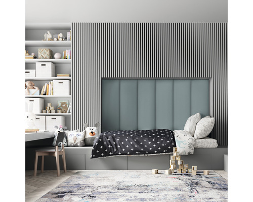 Coussin mural Print bleu fumé aspect tissé 30 x 90 cm Chambre d''enfant avec lit, bibliothèque et tapis