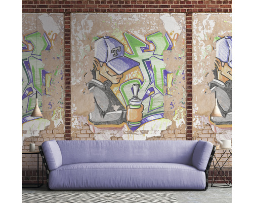 Salon avec canapé et fresque murale sur le thème des graffitis.