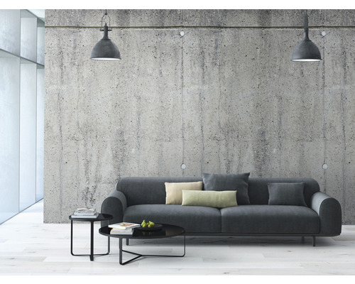 Salon avec canapé gris, table basse et suspensions devant un mur en béton.