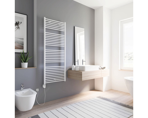 Elektrischer Handtuchwärmer SCHULTE Turbo Heizstab links 60 x 153,5 cm 600 W mit Heizstab 3 regulierbar weiß Modernes Badezimmer mit Handtuchwärmer, Waschtisch und Bidet