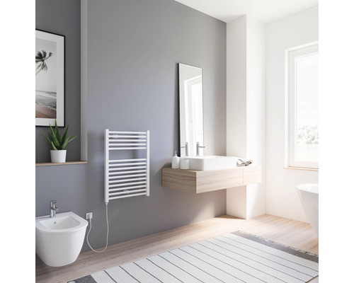 Salle de bains lumineuse avec sèche-serviettes, bidet, lavabo et miroir