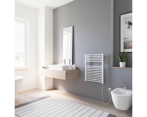 Chauffe-serviettes électrique SCHULTE Turbo résistance chauffante à droite 50 x 69,5 cm 300 W avec fiche à contact de protection blanc Salle de bains moderne avec lavabo, miroir, sèche-serviettes et bidet