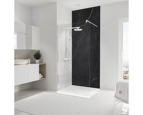 Salle de bains moderne avec douche, lavabo et meubles blancs
