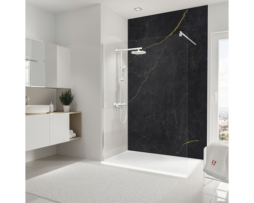 Modernes Badezimmer mit Dusche, Waschtisch und schwarzer Marmorwand