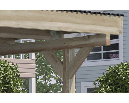 Detailansicht eines Holzpavillons mit Dachkonstruktion