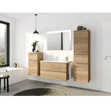 Badmöbel-Set NOBILIA Programm 1 BxHxT 210 x 169,1 x 48,7 cm Frontfarbe eiche natur mit Möbel-Waschtisch weiß und Spiegel mit LED-Beleuchtung Midischrank Unterschrank Griffleiste chrom matt 110