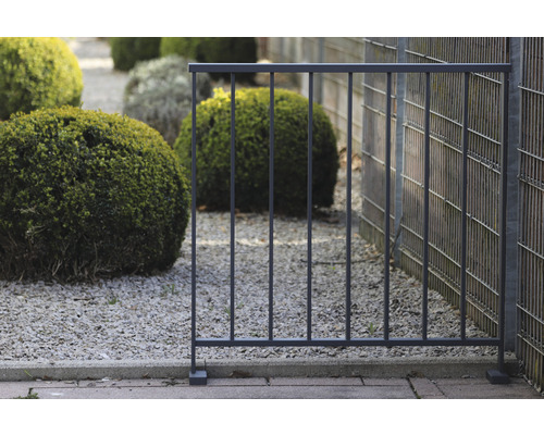 Metallzaun im Garten mit Kiesweg und Buchsbäumen