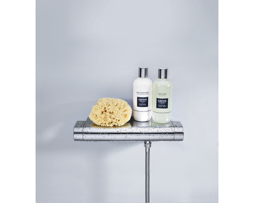 Duscharmatur mit Ablagefläche, Badeschwamm, Körperlotion und Duschgel