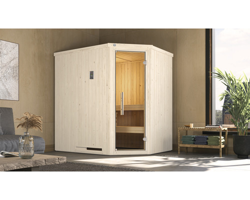 Sauna modulaire Weka Varberg 1 avec poêle bio 7,5 kW et commande digitale avec porte entièrement vitrée couleur graphite