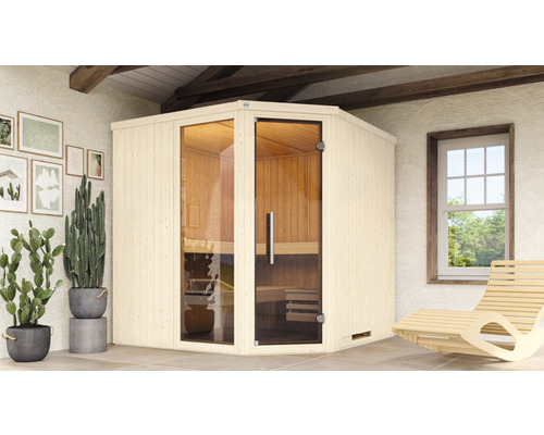 Sauna modulaire Weka Varberg 3 sans poêle avec fenêtre et porte entièrement vitrée couleur graphite