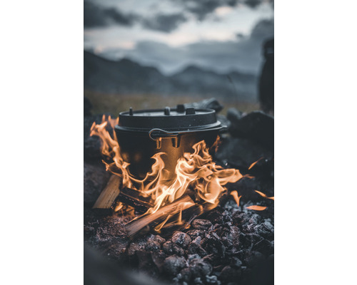 Gusseiserner Dutch Oven über offenem Feuer beim Camping