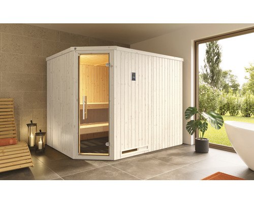 Sauna modulaire Weka Varberg 4 avec poêle 7,5 kW et commande digitale avec porte entièrement vitrée couleur graphite