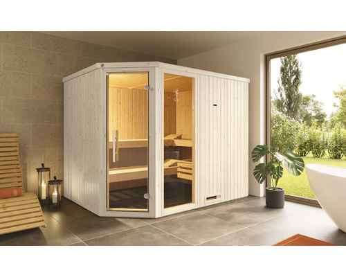Sauna modulaire Weka Varberg 4 sans poêle avec fenêtre et porte entièrement vitrée couleur graphite